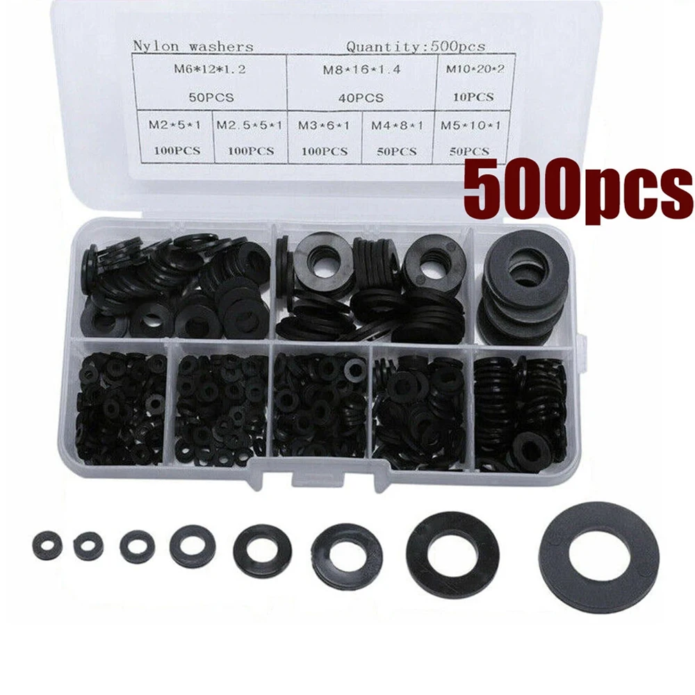 500Pcs Flat Washers Nylon Rubber Rings Plain Repair Gasket Assortment M2-M10 Kit Self-tightening Design