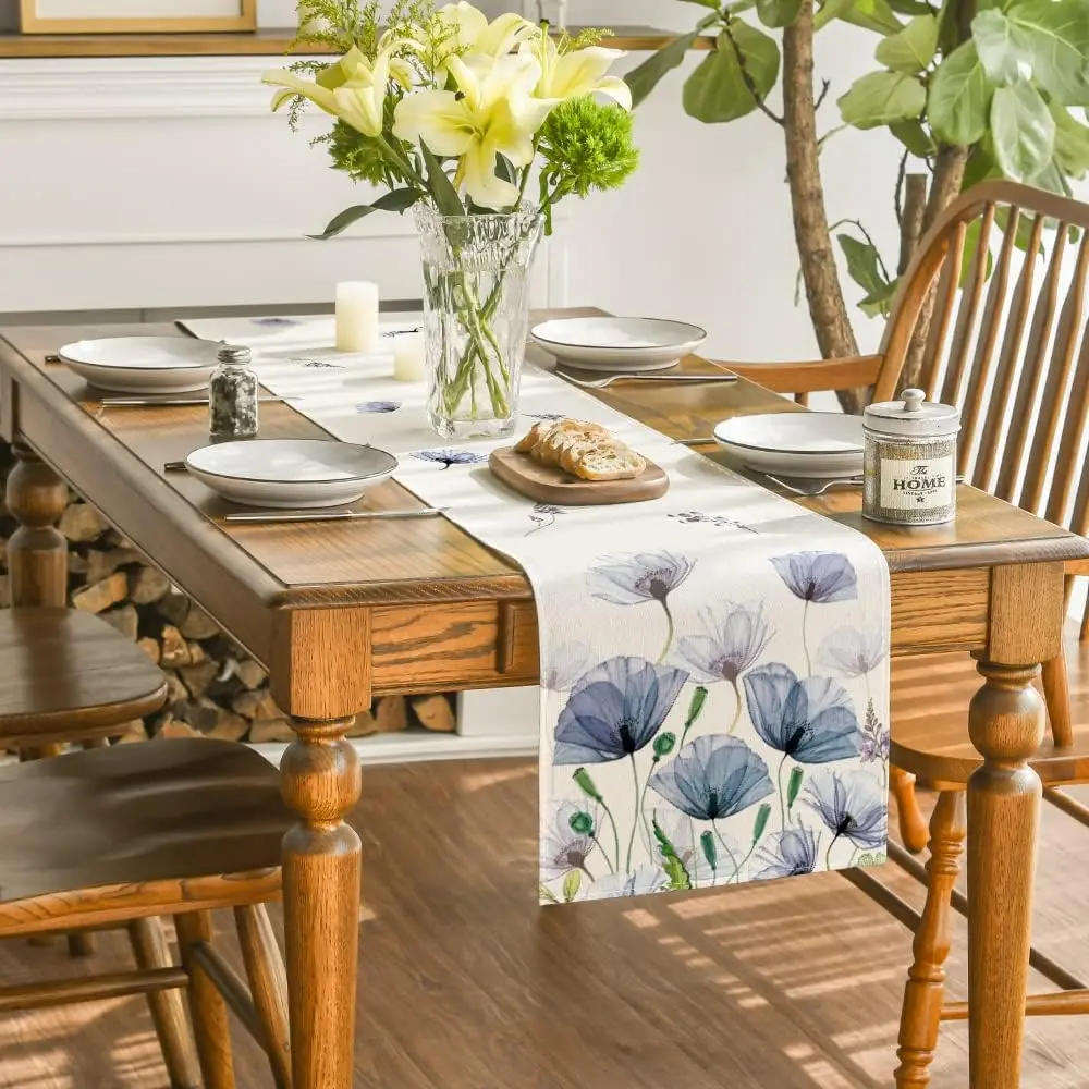 Corn Poppy Leaves Summer Linen Table Runner Seasonal Spring Dresser Scarf Table Decor Kitchen Wedding Party Dining Table Runner