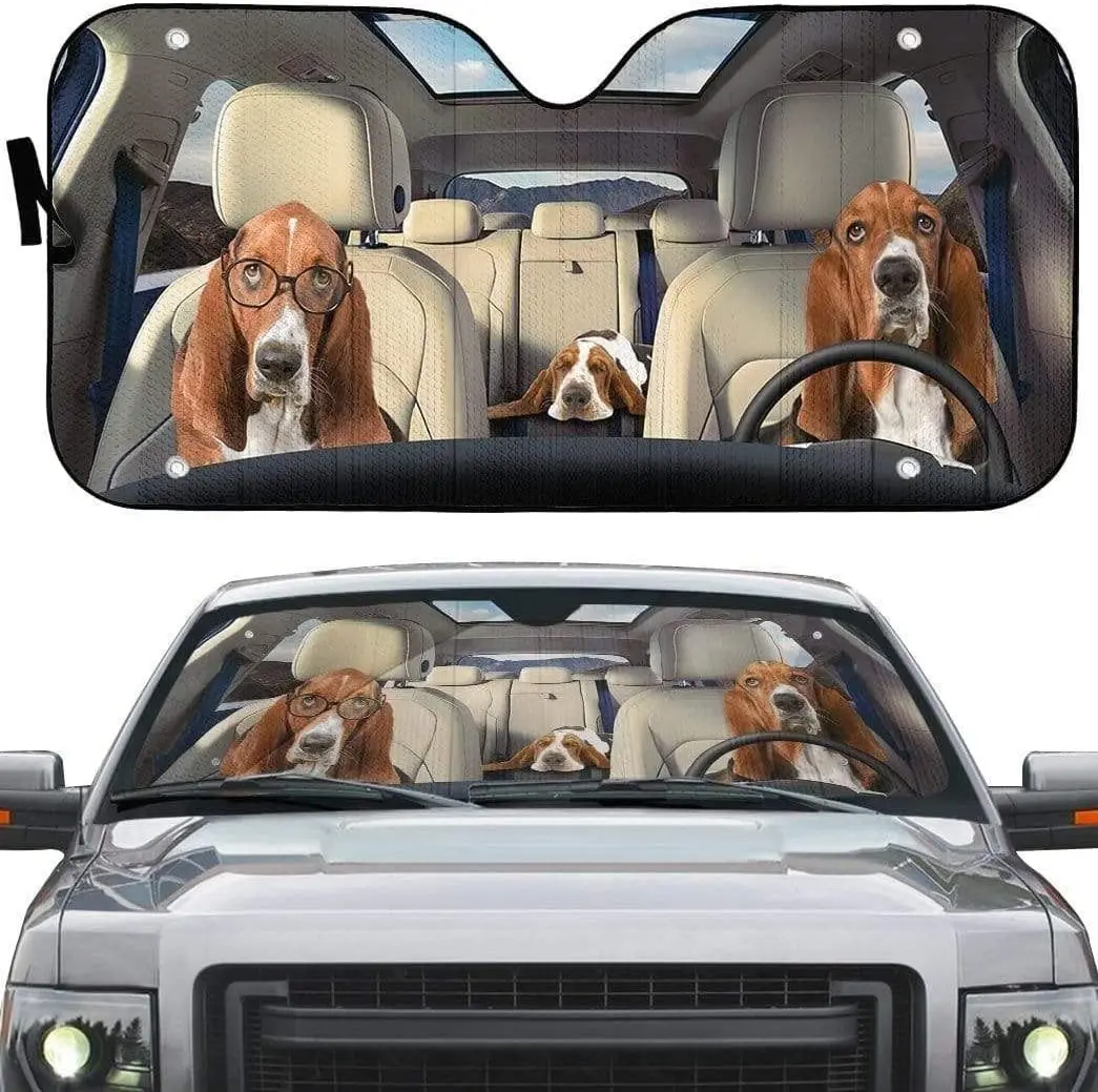 

Basset Hound Dog Wearing Glasses Sunny Day Left Hand Car Sunshade, Funny Basset Hound Family Driving Auto Sun Shade, Windshield