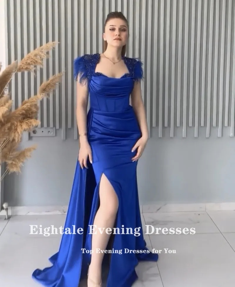 Eightale Vintage Evening Dresses V-Neck Satin Royal Blue Cap Sleeves Beads Mermaid Prom Wedding Party Gown Vestido De Fiesta