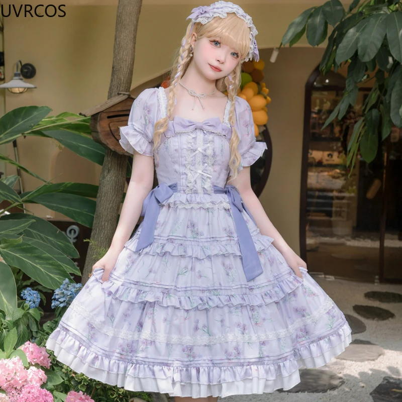 Japanese Kawaii Lolita OP Dress Women Vacation Vintage Ruffles Bow Bandage Purple Flowers Dresses Elegant Slim Princess Dresses