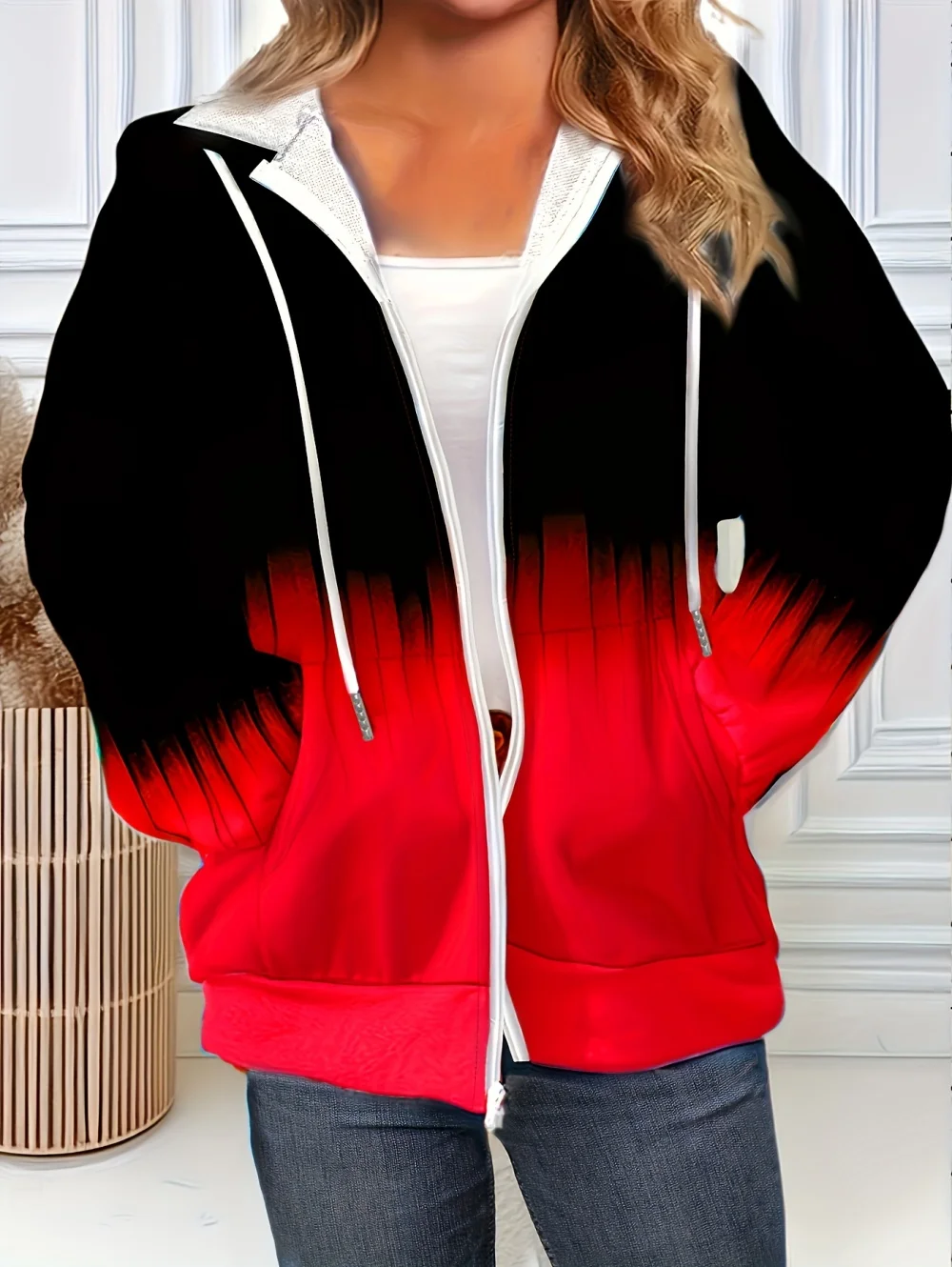 2025 جديد امرأة بلوزات بسيطة التدرج طباعة طويلة الأكمام قلنسوة بسحاب الخريف تصميم الرباط غير رسمي موضة المرأة هوديي #3