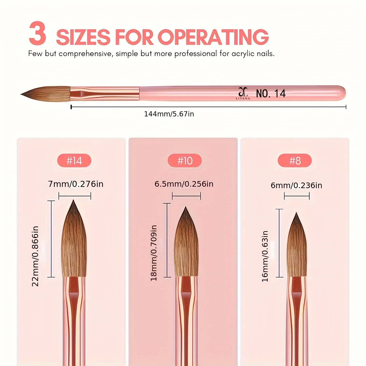 3 szt. Zestaw pędzli do paznokci akrylowych, rozmiar 8/10/14 Profesjonalne pędzle do paznokci do aplikacji akrylowej Proszek akrylowy Przedłużanie paznokci