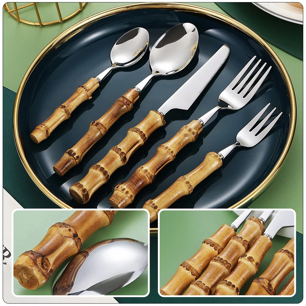 Bamboo Cutlery Set Adult-friendly Stainless Steel Tableware Steak Western Food Fork Spoon Kit -piece Firm Grip