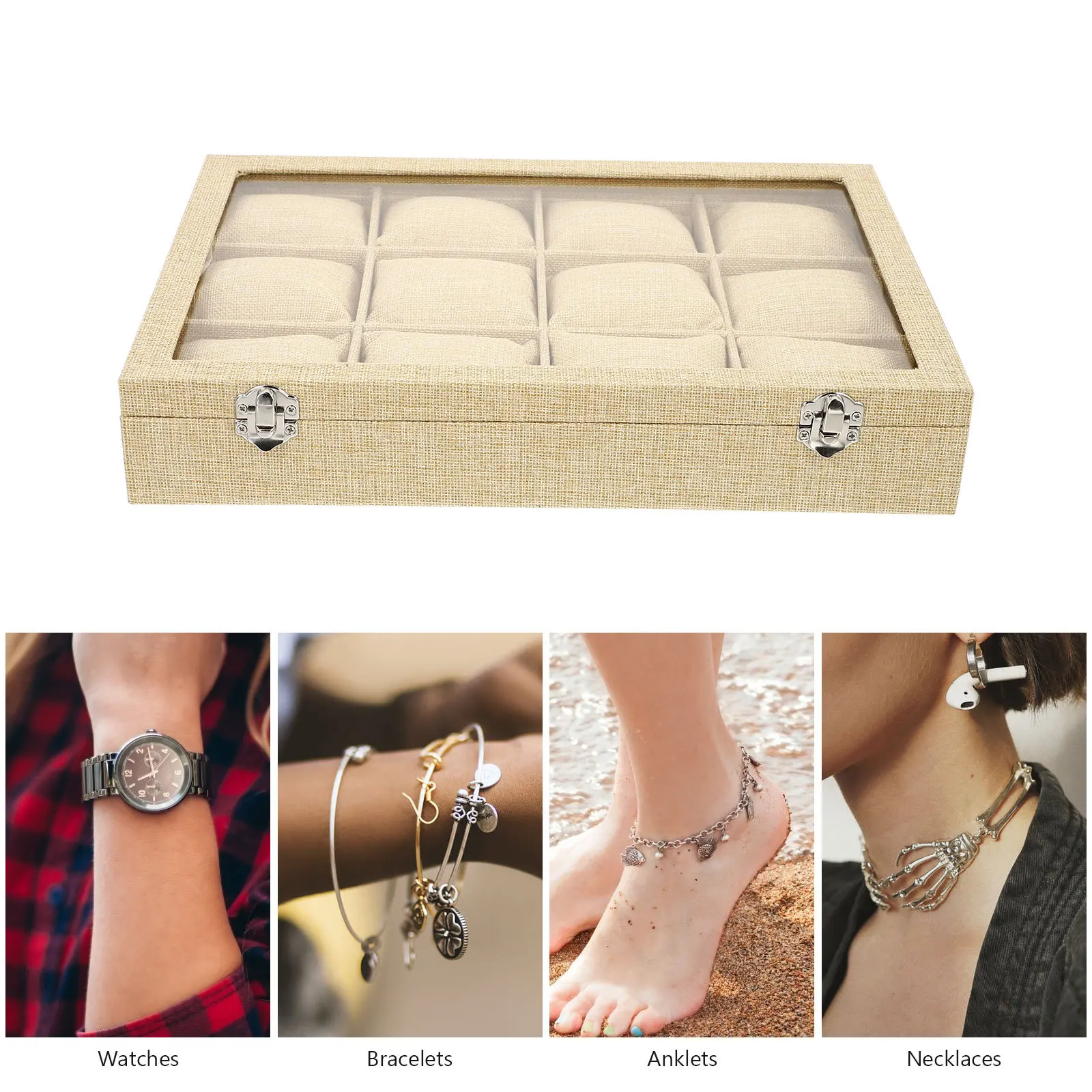

12 Slots Watch Storage Box Jute Fashion Display Case for Watches Jewelry Organizer Watch Storage Case
