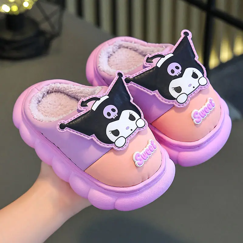 Kuromi Autumn Winter Cotton Slippers Girl Cartoon Water Proof Home Sanrio Indoor Outdoor Keep Warm Child Plus Velvet Slippers