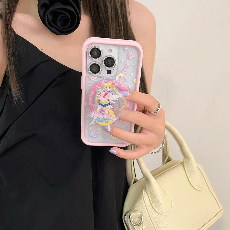 Cute Japan anime Sailor Moon Magnetic Holder Magsafe Wireless Charge Phone Case For iPhone 15 14 13 12 11 Pro Max Hard Cover