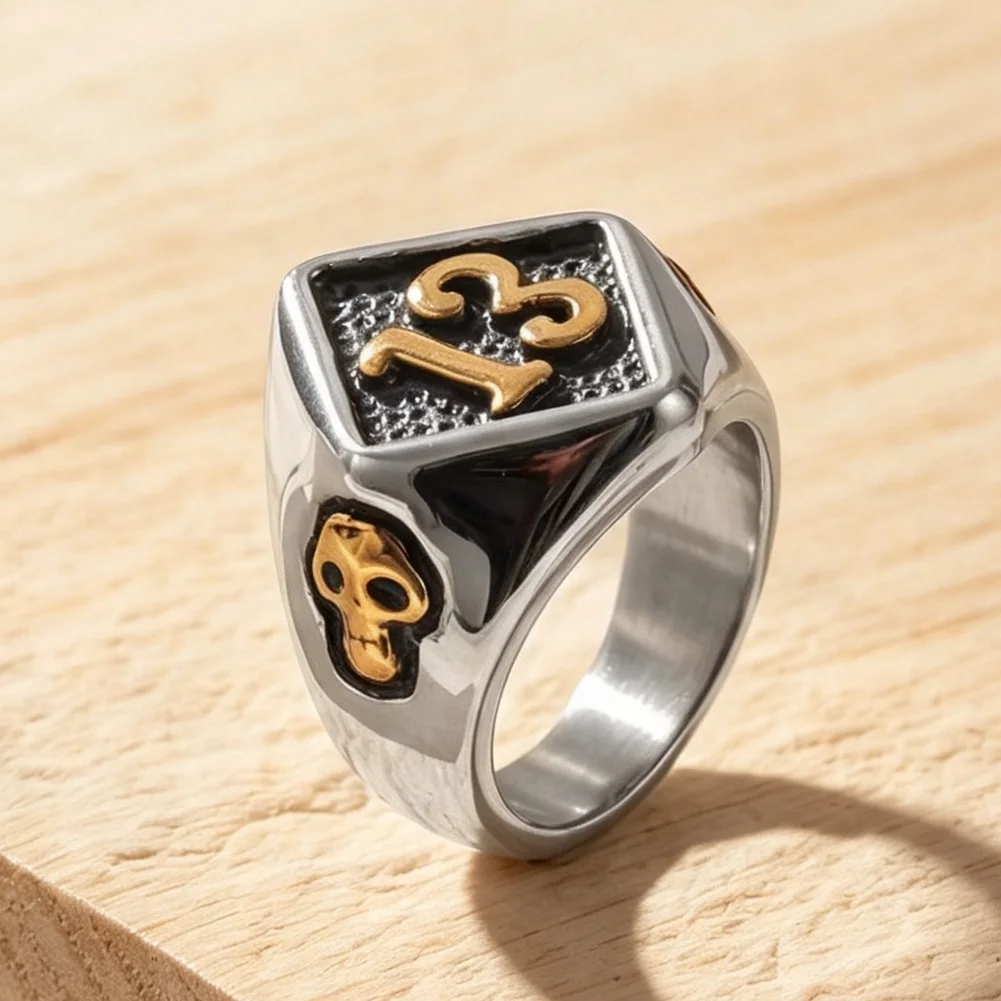 Stainless Steel Men Signet Ring Two‑Tone Number 13 Skull Wide Band Finger Ring Retro Biker Punk Male Jewelry Daily Party Gift