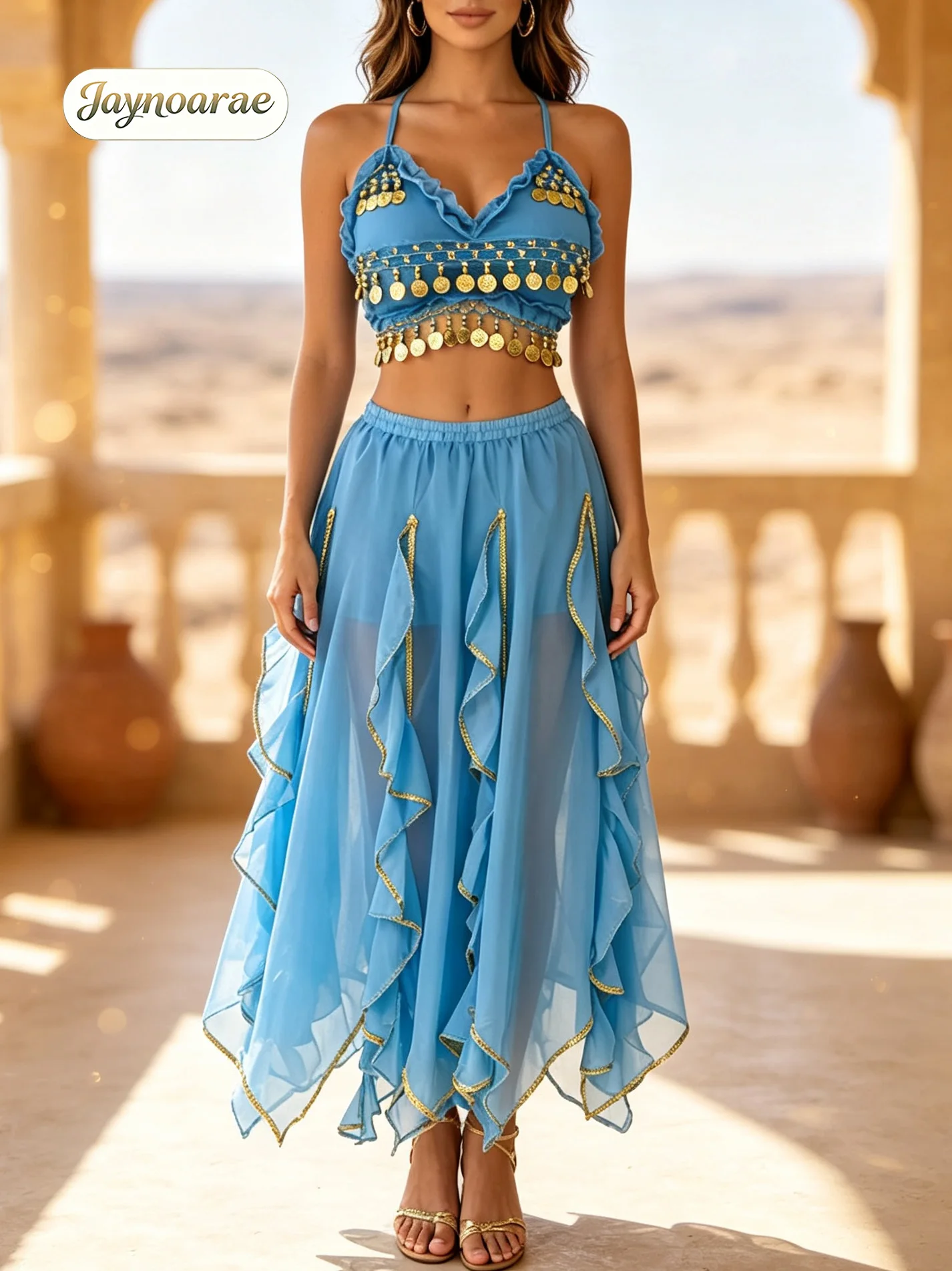 JAYNOARAE Top Corto Halter y Falda Maxi con Volantes, Disfraz de Halloween para Danza del Vientre, Estilo Árabe, Gitano y Bollywood