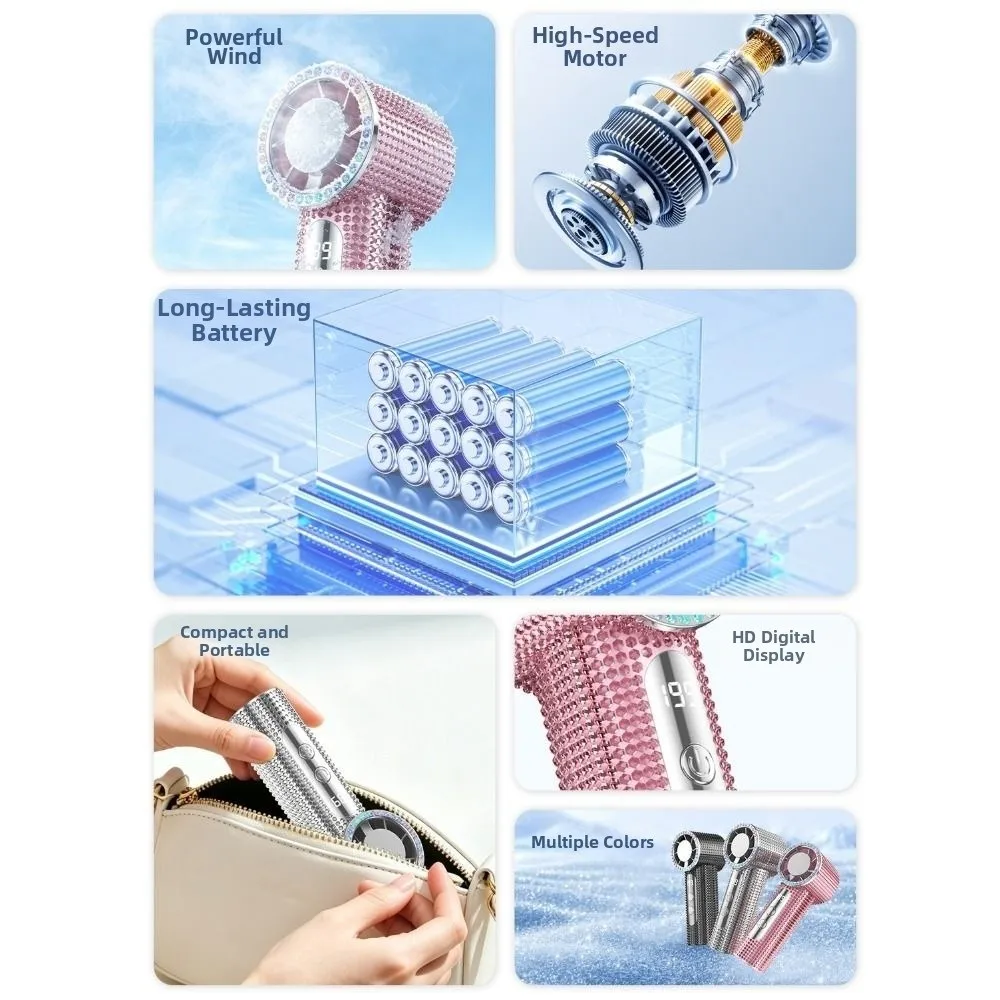 Digital Display Rhinestone Handheld Fan Sparkling 199 Gears Turbo High Speed Fan Long-Lasting Quiet Operation