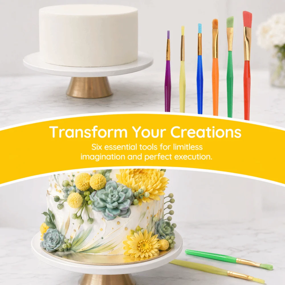 6PCS Nylon Bristles Cake Decorating Pen Easy to Clean Low Shedding Cake Coloring Pen Metal Ferrules Transparent Handles