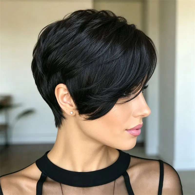 Pixie Cut Human Hair Wig Full Machine Made Short Layered Wigs Natural Black Side Part For Women Halloween Party Cosplay Daily