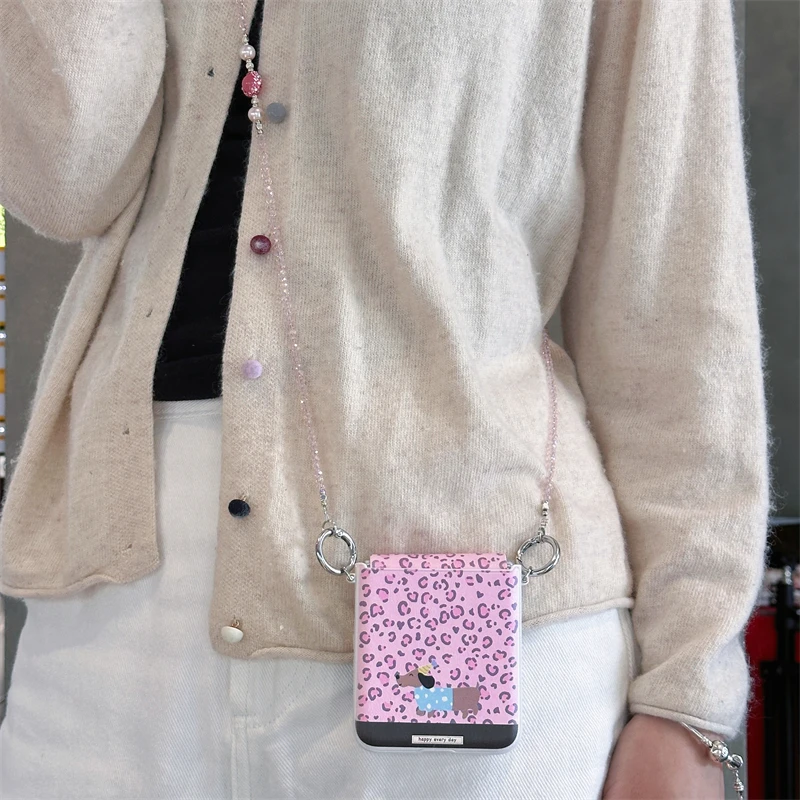 Funda de teléfono con estampado de leopardo rosa para Samsung Z Flip 7 6 5 4, funda con cadena, fundas bonitas para Galaxy Z Flip6 Flip7 Capa