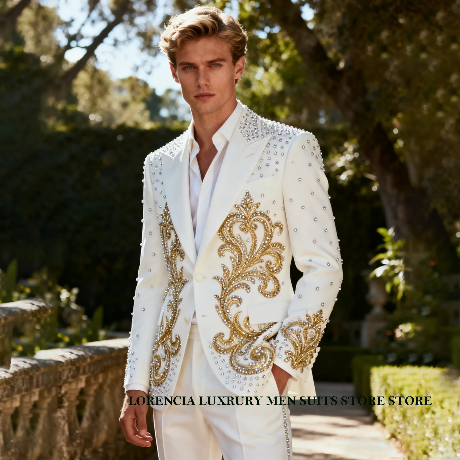 

Customized Fashion Metallic Jewelry Ornament Tuxedo Men Suits 2 Piece Wedding Groom Male Prom Blazer Slim Party Ternos Completo