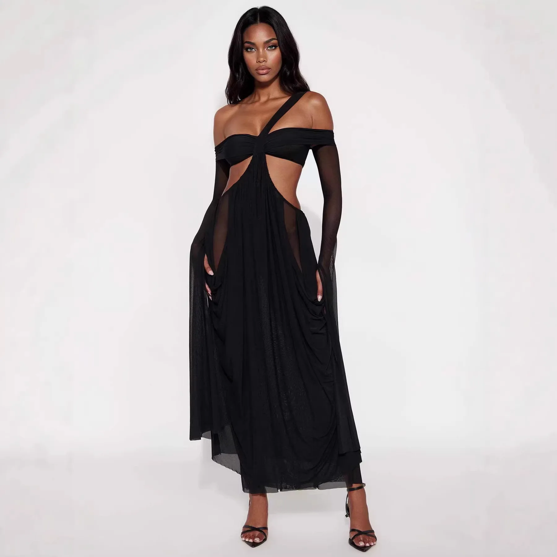 Abito lungo con ritaglio monospalla Abito da sera in maglia trasparente da donna Elegante abito da ballo formale aderente increspato 2026 Nuova moda