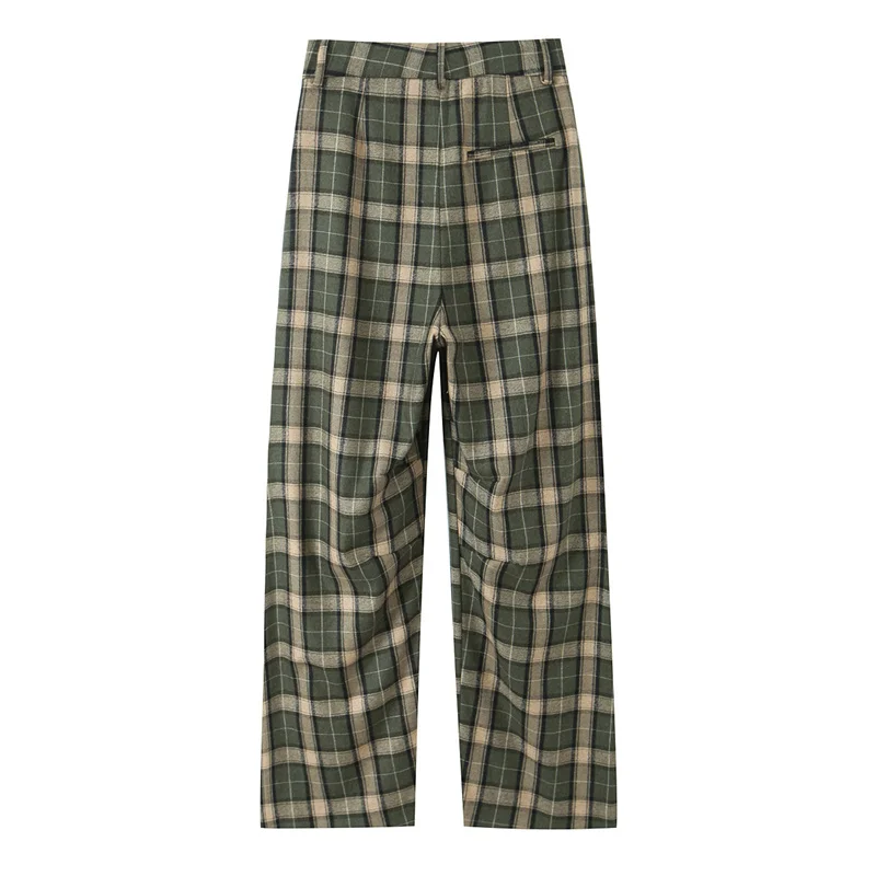 กางเกงขายาวผู้หญิง 2025 ฤดูใบไม้ร่วง สไตล์ใหม่ สีเขียวและเหลือง ลายตารางสีตัด กางเกงขากว้าง ลำลอง แฟชั่น สดใสและมีเอกลักษณ์