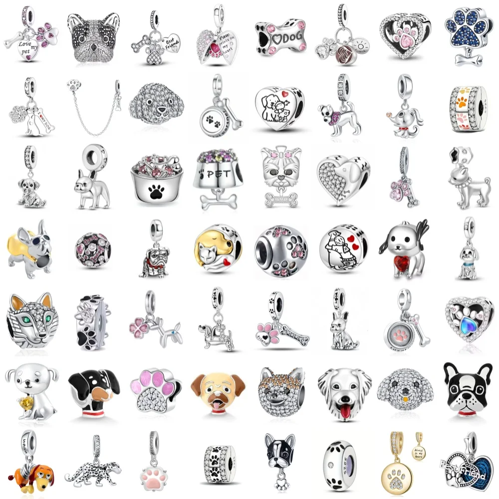 Abalorio de plata 925 con forma de perro, compatible con Pulsera Original, accesorios DIY para mujer, regalo de joyería, colgante de cadena de seguridad con hueso de perro y pata de perro