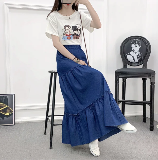 

90cm Length Denim Skirts Women's Elastic High Waist Button Shirring Patchwork Ruffle Long Casual Blue Skirt Streetwear