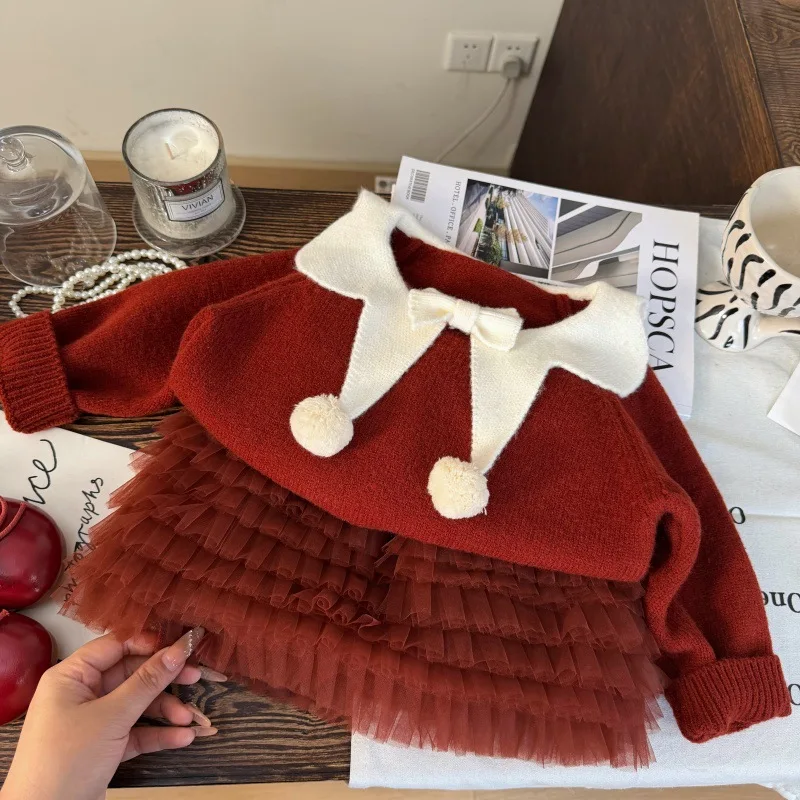 Korean Children's Clothing 2026 New Autumn and Winter Girls Hairball Bow New Year's Sweater Red Cake Skirt Two-piece Set