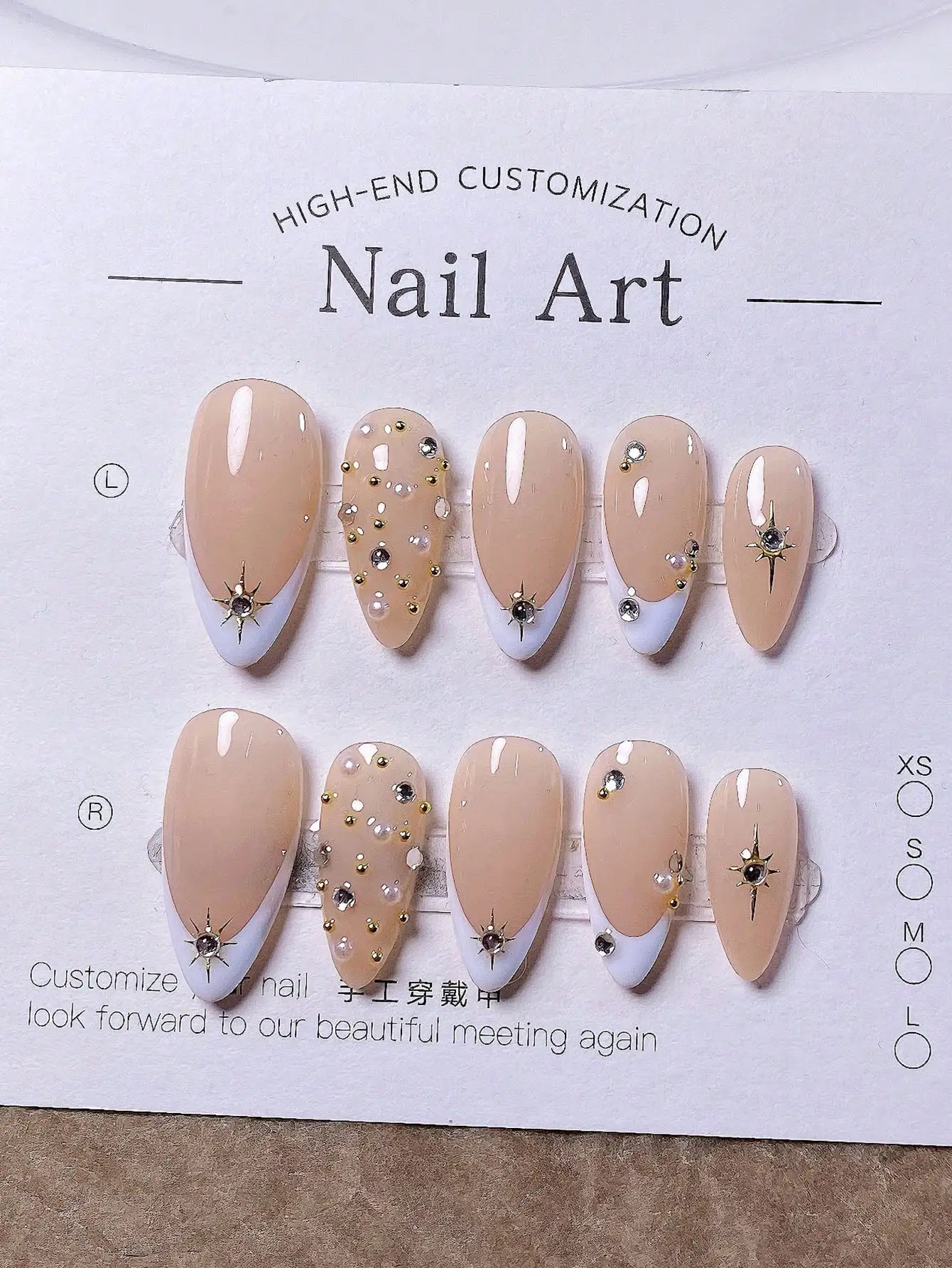 10 قطع من المسامير النقية المصنوعة يدويًا على شكل لوز مع أطراف فرنسية بيضاء، خرز فولاذي لؤلؤي، ص ذهبي على شكل نجمة ثلاثية الأبعاد #3