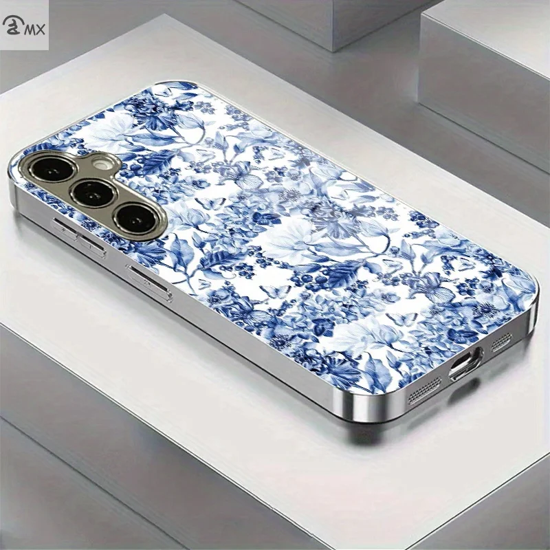 Blue and white porcelain floral pattern electroplated silver tempered glass phone case is suitable for Samsung Galaxy S25PLUS