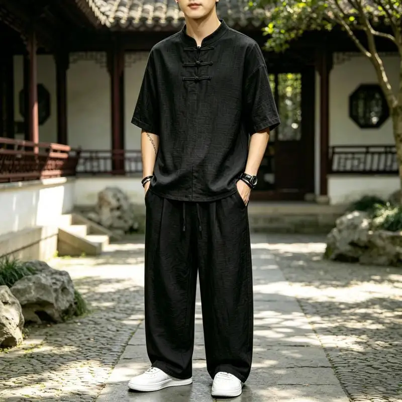 Men's Chinese Style Retro 2 Pieces Set Frog Button Mandarin Collar Short Sleeve Top + Wide Leg Pants Summer Traditional Clothing