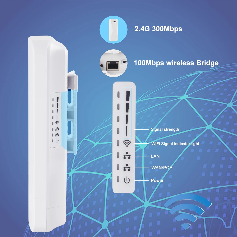 KuWfi-Roteador de ponte sem fio ao ar livre, repetidor wifi AP, 300Mbps, 2.4G roteadores wifi longo alcance, AP, PTP, PTMP, Extensão de longo alcance, repetidor de sinal wifi longo alcance 1km,WAN, Porta LAN, Suporte 2