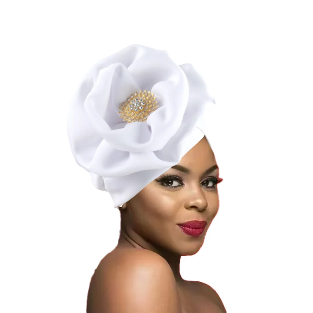 

Elegant African Lady Head Wraps Nigeria Party Headwear Wedding Headtie Big Flower Turban Cap for Women Bonnet Beanies Bandanas