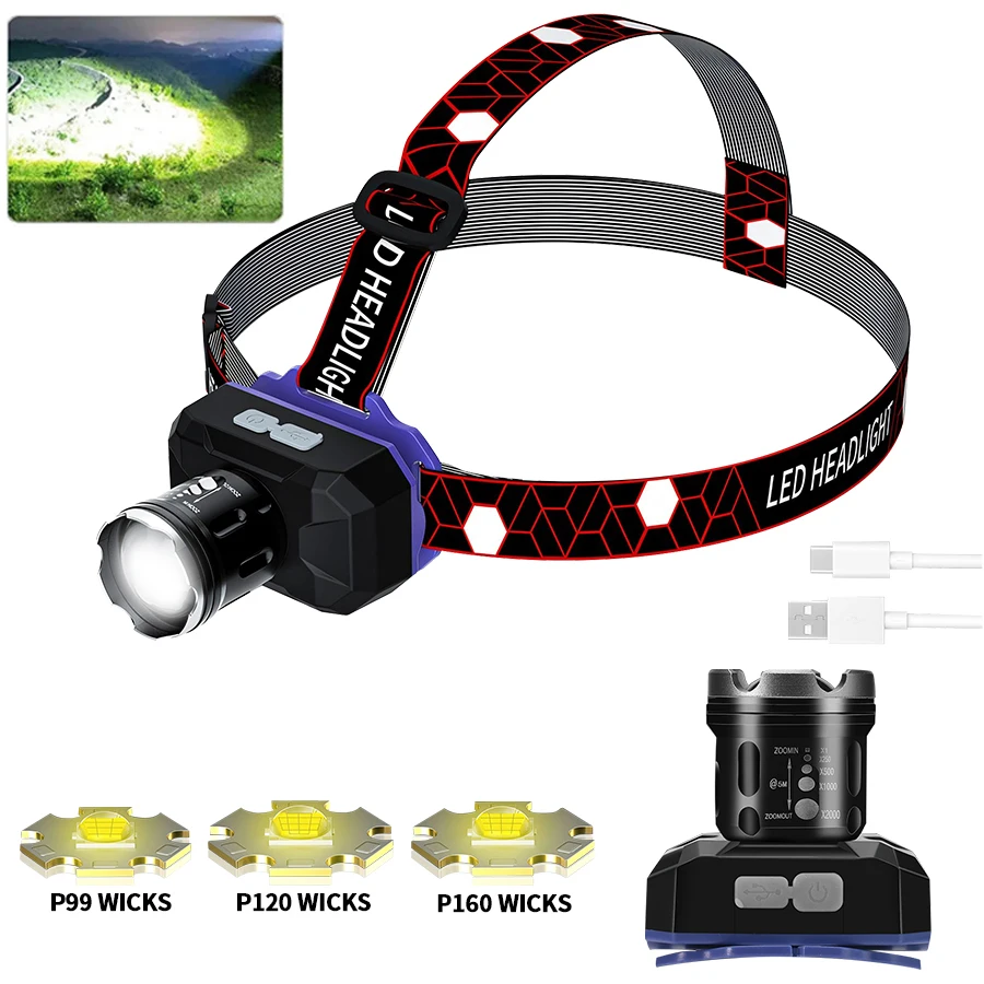 Powerful Led Headlamp Headlight Zoom Head Lamp Flashlight Torch Built-in 18650 Battery USB Rechargeable Outdoor Fishing Lantern