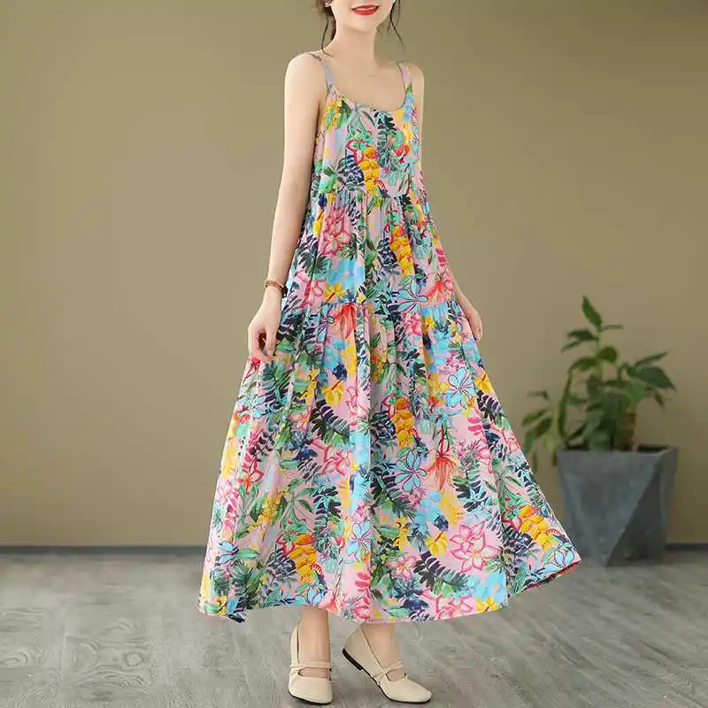 

Loose Cotton Linen Long Dress Women's plus Size Printed Strap Dress Street Style Midi Dress Polyester Fiber Sleeveless Dress
