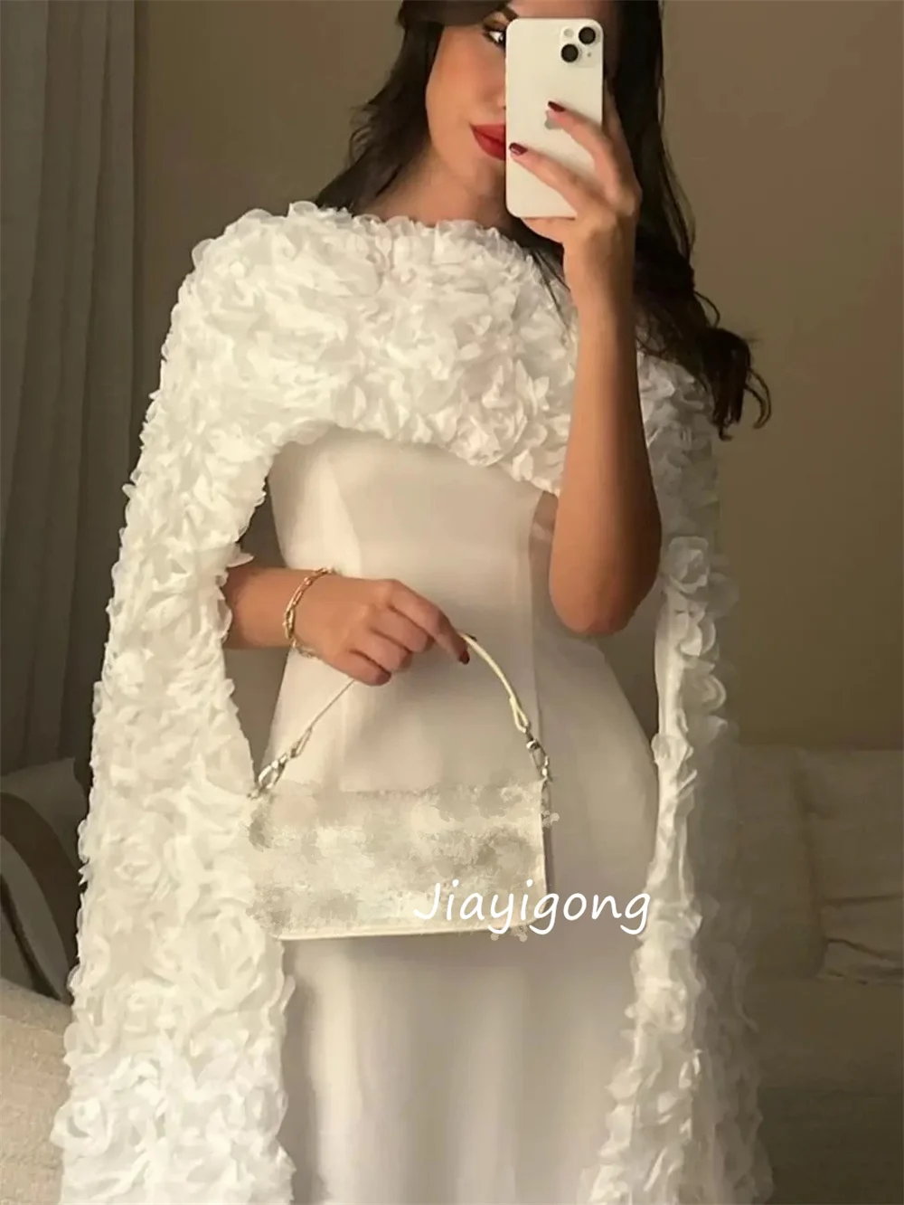 Customized High Quality Jersey Flower Pleat Trumpet Jewel Long Dresses Bespoke Occasion Party Fashion Modern Style