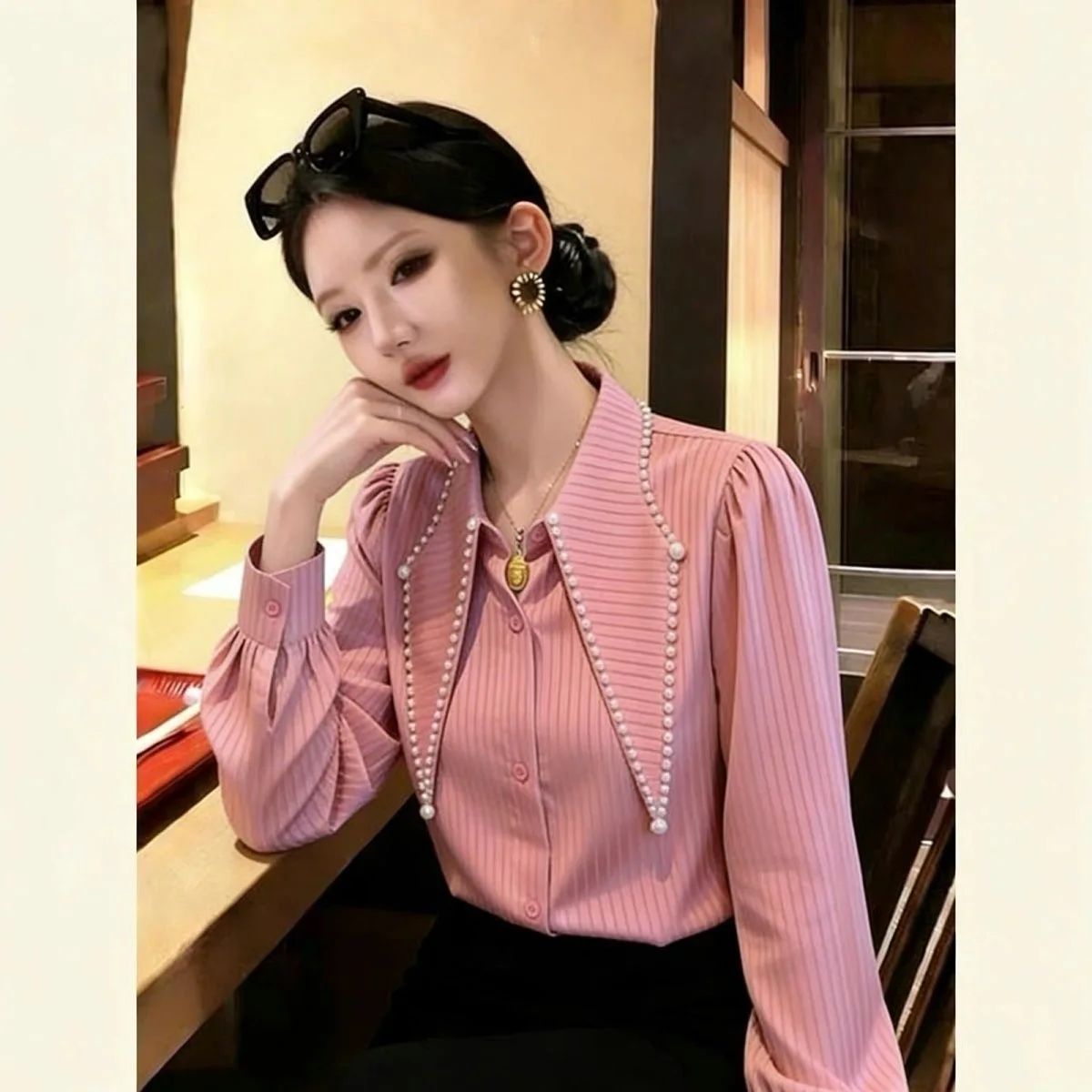 

Unique Elegant Pink Shirt Trendy Youthful Spring Commute Style Loose Fit Long Sleeve Collar Button down Women's Shirt