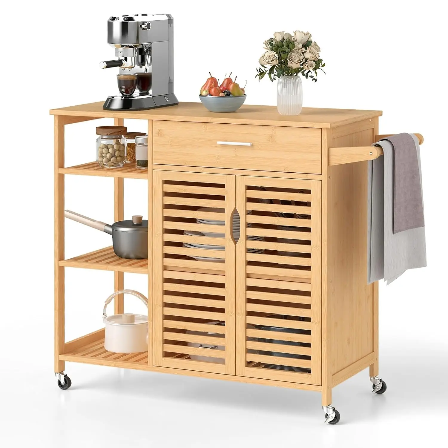 

Rolling Kitchen Island Cart Bamboo Storage Cabinet Drawer 3-tier Shelf Towel Rack Mobile Table Dining Living Bar, Customized