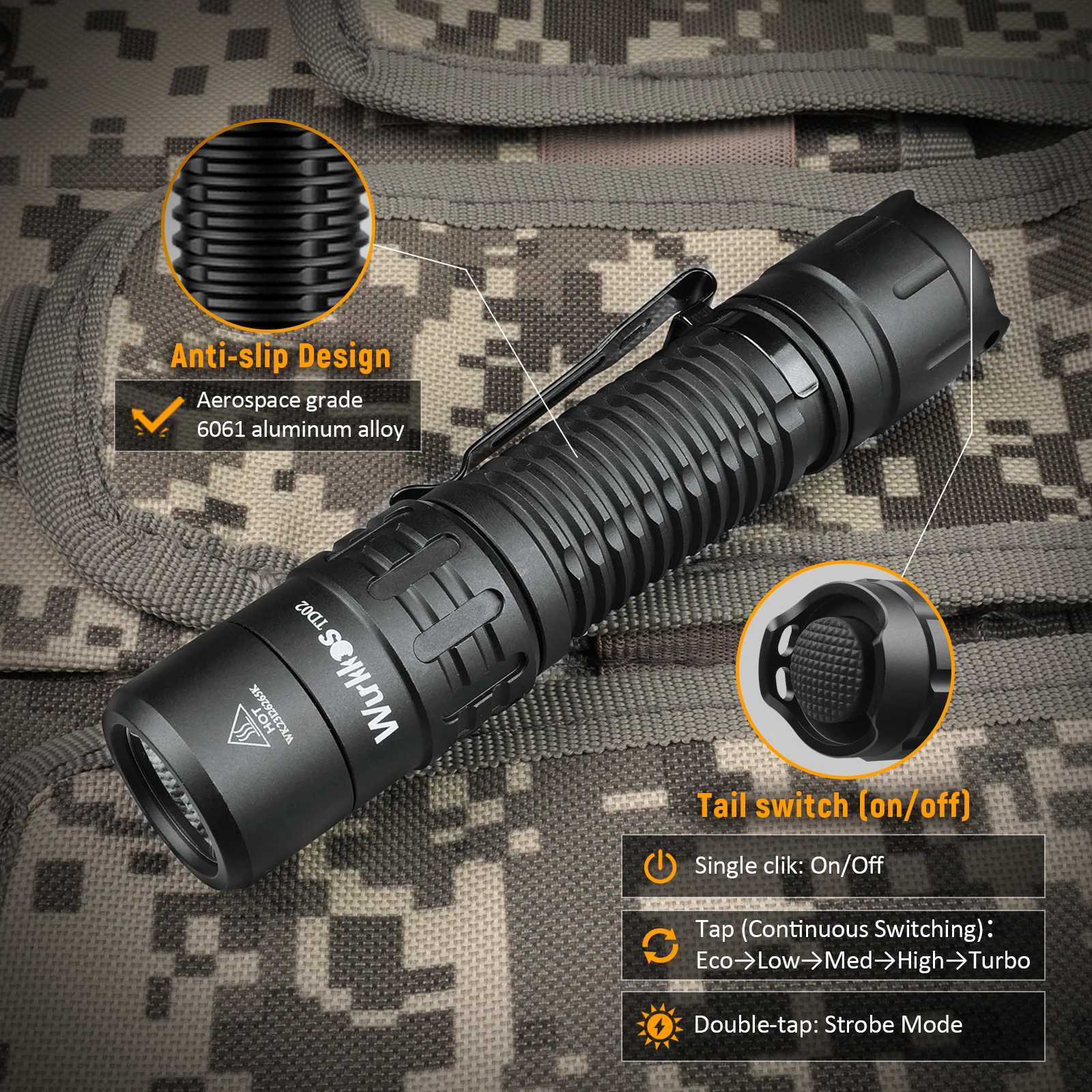 Wurkkos TD02 Tactical Flashlight 18650 EDC Rechargeable Light 2000LM SST40 LED Green Flashlight IPX8 Military Emergency Lights