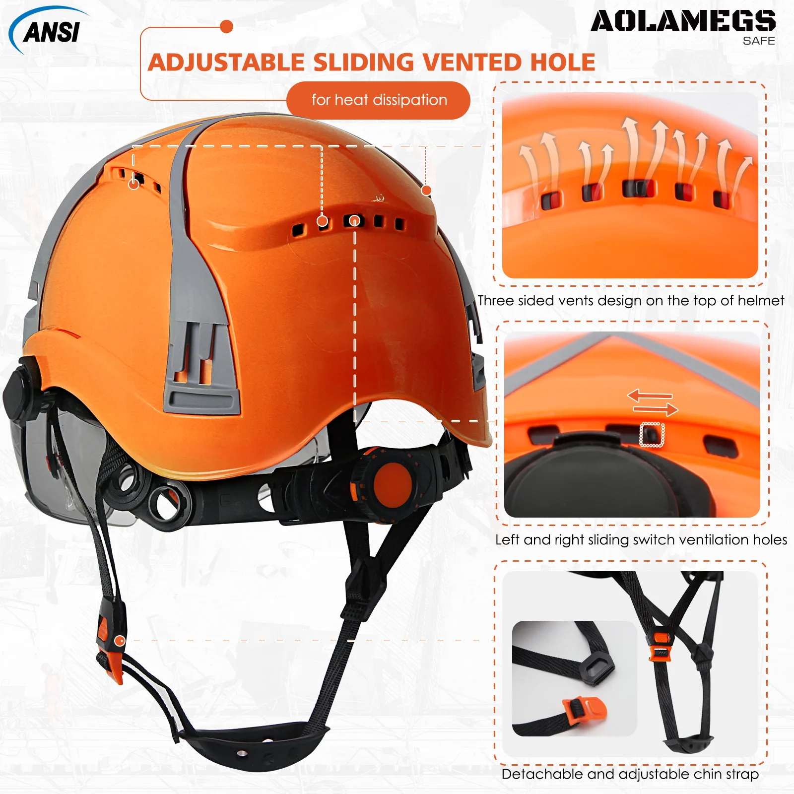 CE Safety Helmet w/ Double Goggles Adjustable Multiway Vent Slots ABS Construction Hard Hat Engineer Industrial Work Hat ANSI