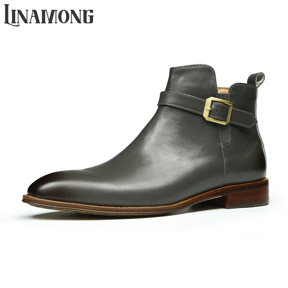 Belt Buckle Stretch Booties Genuine Leather Handmade Ankle Boots Elegant British Style Cowhide Boots Designer Men's Ankle Boots