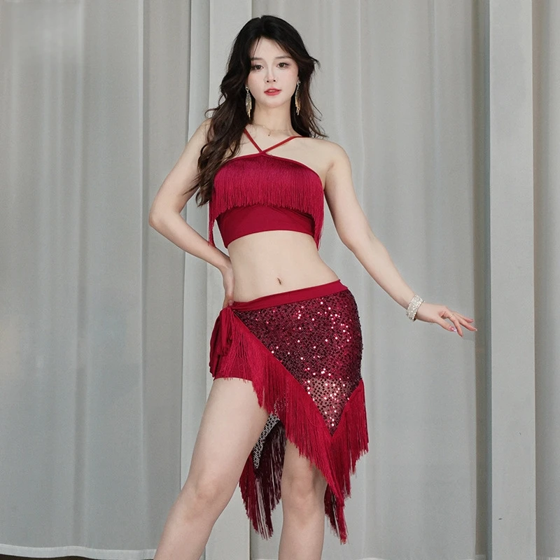 Vestido de danza del vientre para mujer, traje Sexy de práctica, conjunto de flecos, lentejuelas brillantes, punzón de cadera, ropa de actuación de danza oriental, Fitn Yoga