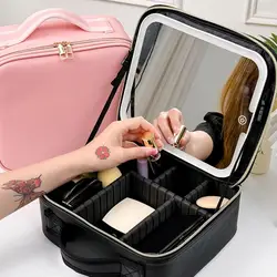 Multi-functional Toiletry Kit Waterproof Cosmetic Case Waterproof Travel Makeup Organizer Bag with Led Mirror Zipper Closure