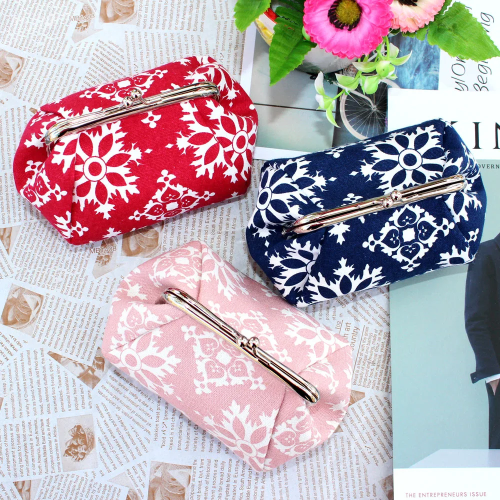 5pcs Short Coin Purse Retro Women Cotton Linen National Print Large Capacity Hasp Storage Bag Mix Color 2inch