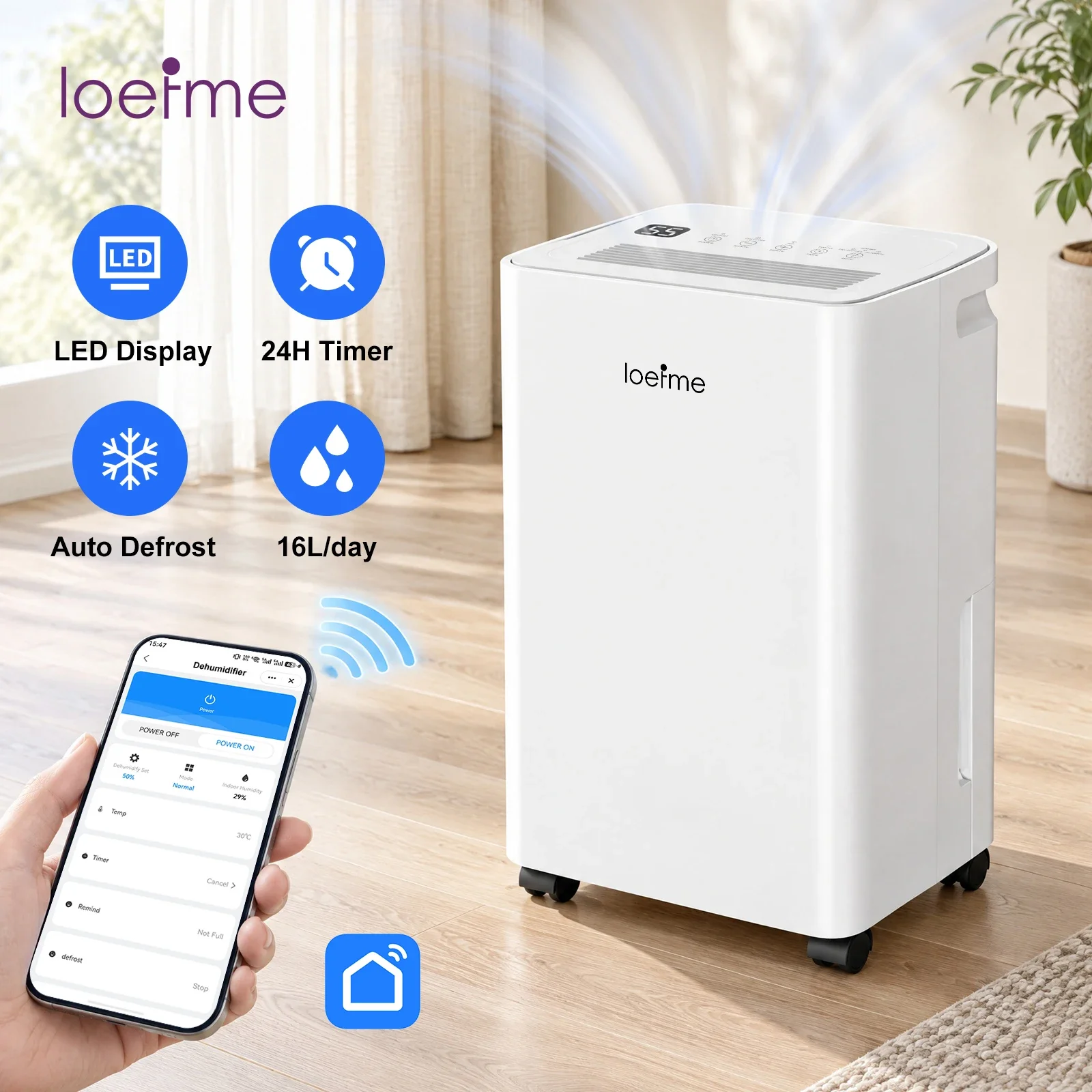 LOEFME 16L/Tag Intelligenter Luftentfeuchter mit App, 24-Stunden programmierbarer Timer, 2L Wassertank, 3M Ablaufschlauch, leiser Feuchtigkeitsentferner für Zuhause und Schlafzimmer