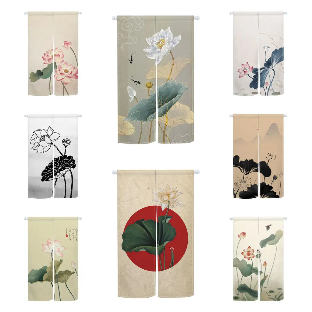 Noren Door Curtain Lotus Theme Japanese Style Kitchen Partition Window Decors Home Dining Room Entrance Doorway Half Curtains