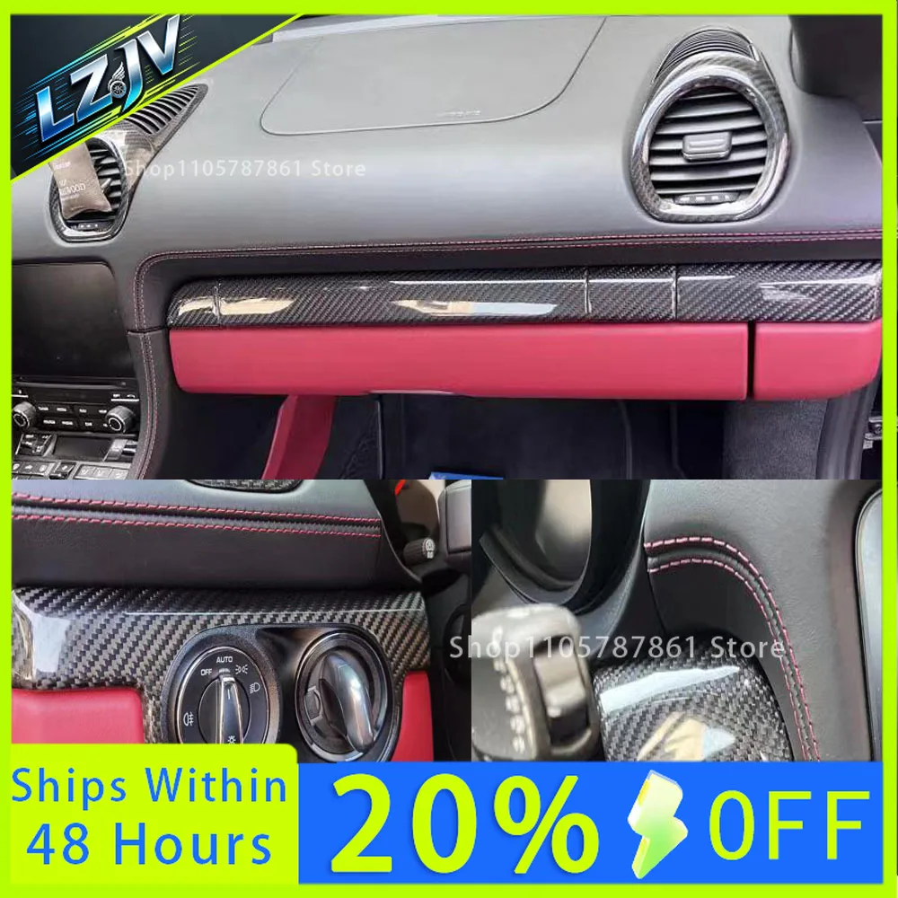 LZJV 6pcs Dry Carbon Fiber Dashboard Kits Dash Air Outlet Trim Cover For Porsche 718 911 991 Cayman Boxster 2016UP