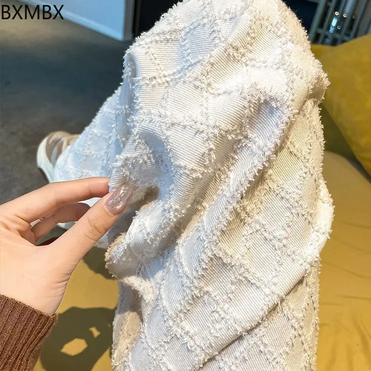 Woven white jeans women's narrow straight trousers spring wide-leg trousers high-waisted loose  casual trousers