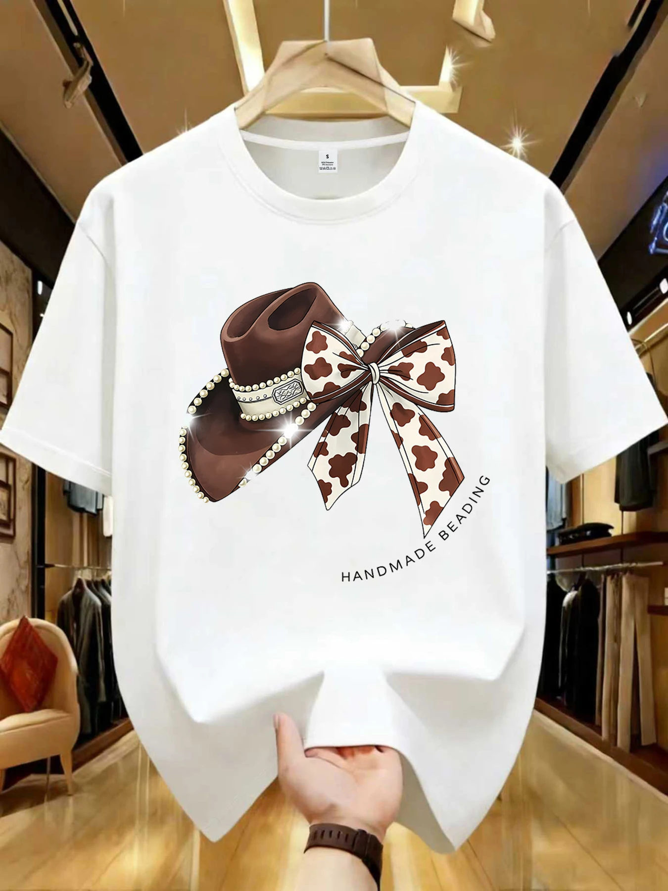 【JYDX142】Cowboy Hat Print Bow Graphic Women's Printed Crew Neck T-Shirt Summer Casual Short Sleeve Top Street Style