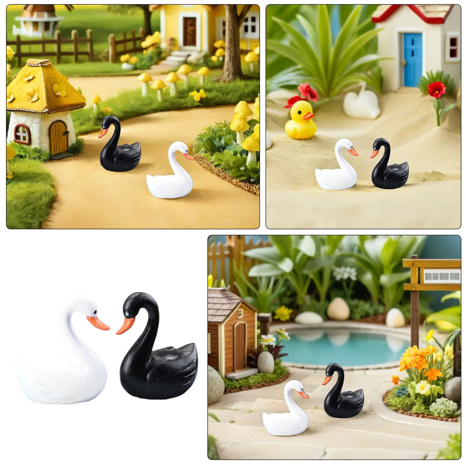 24Pcs Swan Ornaments Mini Black White Elegant Small Animal Sculptures for Fairy Garden Desktop Bonsai Plant Pot Decoration
