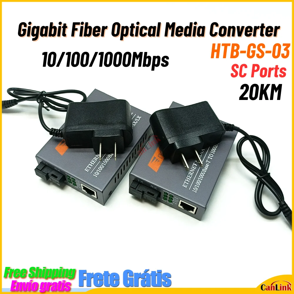 HTB-GS-03 Gigabit Fiber Optical Media Converter 10/100/1000Mbps Single Mode To RJ45 20KM SC-Port US Power Supply