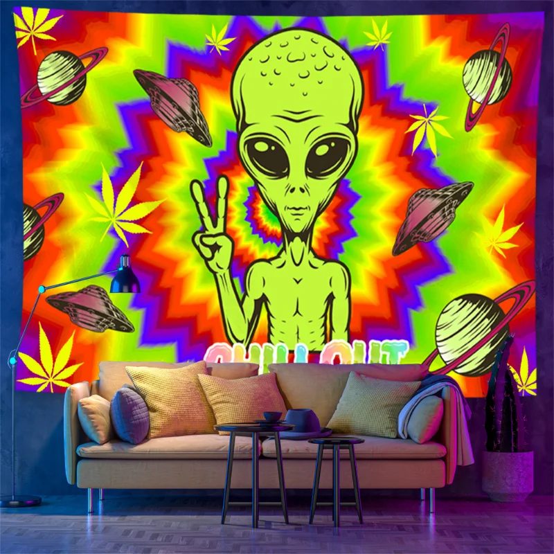 VIKAMA Blacklight Psychedelic Alien Tapestry Weed Leaf UFO Print UV Reactive Wall Hanging Trippy Home Decor