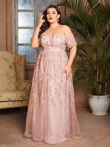 Mgiacy plus size Line neck short sleeve romantic embroidered lace long skirt Evening gown ball dress Party dress