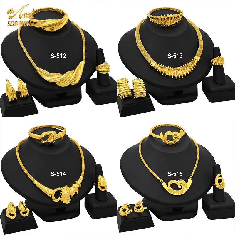 

24K Gold AU999 Irregular 3D Minimalist Luxury Necklace Bracelet Earrings Ring 4-Piece Set Women - Premium set, fits parties