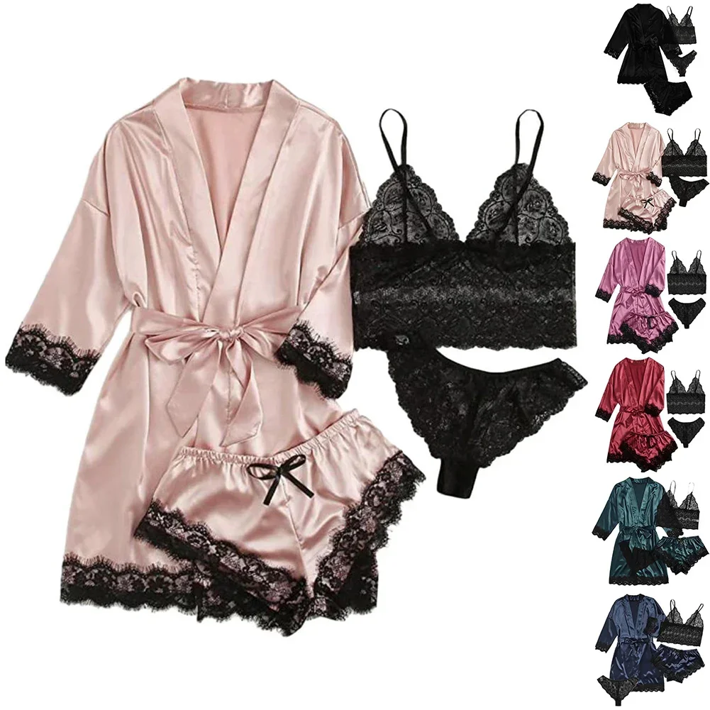 4 Pieces Woman Sleepwear Pajamas Ser With Robe Sexy Lace Lingerie Bathrobe Silk Satin Home Clothed Nightwear Robe